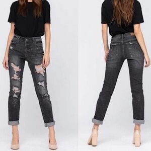 Judy Blue Black Destroyed Mid Rise Roll Cuff Boyfriend Jeans JB8867